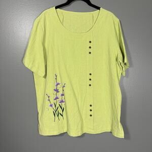 Lagenlook Women's Embroidered Flowers Green Top - Size XL - Artsy Button Accent